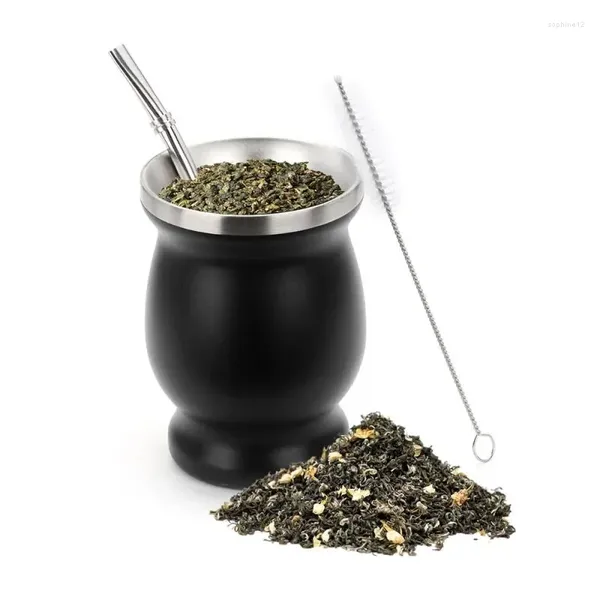 Ensembles de voies de thé Double mur à double mur 8 oz yerba gourde avec une tasse en acier inoxydable Bombillas et un pinceau de nettoyage - solution de thé portable parfaite