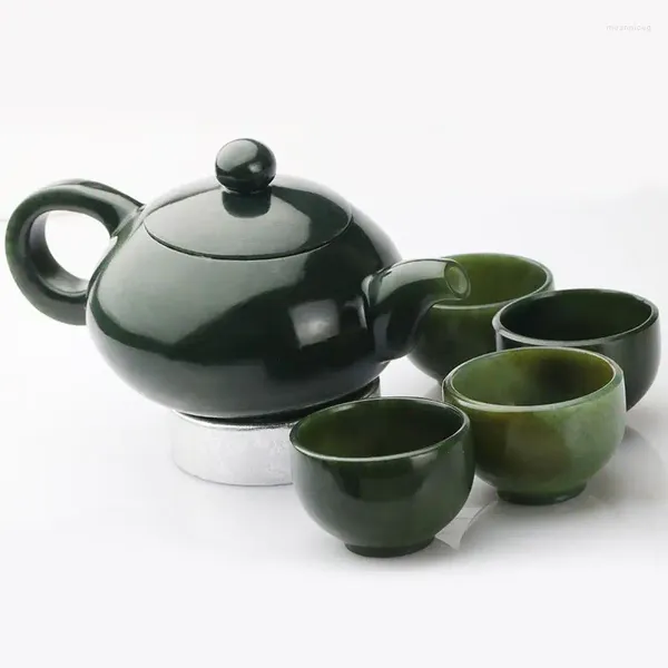 Ensembles de voiles de thé Green Jade Teaset Health Gongfu 1 TEAPOT 4 TACUPS TEAUCS CHINOS HETIAN JADES NEPHRITE THE Cérémonie Cérémonie