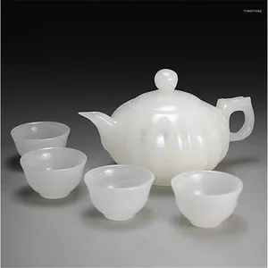 Service à thé en Jade blanc naturel sculpté en forme de citrouille, théière quatre tasses chinoises