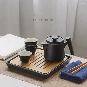 Ensembles de voies de thé Ning Yu Wood Handle Black Pottery Mug Portable Travel Tea Set Cump Cup Une casserole de deux tasses peut être commandé Logo