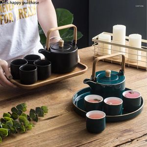 Ensembles de voiles de thé Nordic Creative Ceramics Tea Set Coffee Tup Cost Afternoon Afternoon Mousehold Scrub Tray Cuisine Kitchen Decoration Storage Pot avec
