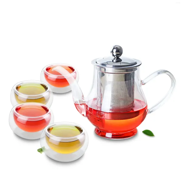 Ensembles de service à thé Pot en verre de nouveauté avec filtre en acier inoxydable et 4 mini tasses à double paroi