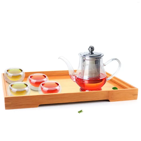 Conjuntos de té tapot novedoso con filtro de acero inoxidable 4pc bandeja de bambú de tazas dobles