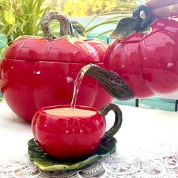 Services à thé (Persimsey Ruyi) en céramique, service à thé de mariage rouge chinois, théière à tomate, tasse à café, combinaison de l'après-midi à la maison