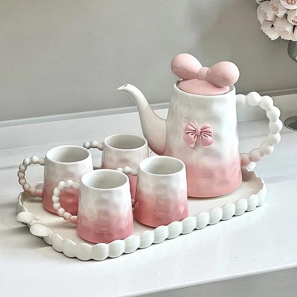 Service à thé en céramique dégradé rose, théière avec nœud, tasse mignonne de l'après-midi Girly, bouilloire domestique, tasses à café, tasse à lait