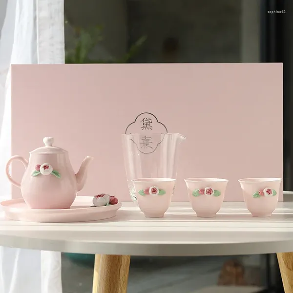 Juegos de té topot tetera rosa flor de flor de cerámica de cerámica de cerámica de cerámica para el hogar de porcelana blanca rosa