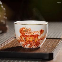 Ensembles de voies de thé en porcelaine Kiln Jingdezhen Alum Red Gold Painting Kirin Cylinder Cylinder Handmade Ceramic Tea Set Single Master C