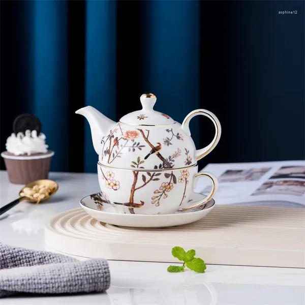 Ensembles de thé en porcelaine pour un ensemble avec infuseur, théière florale, soucoupe, peintures de fleurs et d'oiseaux exquises