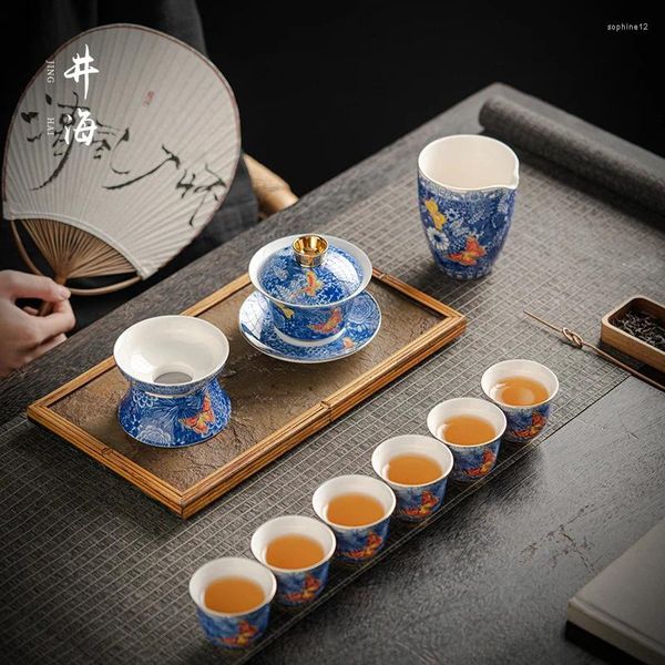 Service à thé en porcelaine, service à thé sous glaçure, couleur papillon bleu et blanc, seau Tureen, tasse juste, cadeau haut de gamme