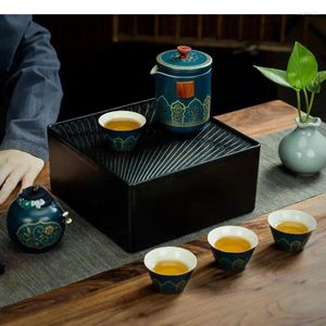 Conjuntos de té Juego de té de viaje portátil Tetera de cerámica y caja de Caddy de taza de té Utensilios Herramientas para hacer al aire libre