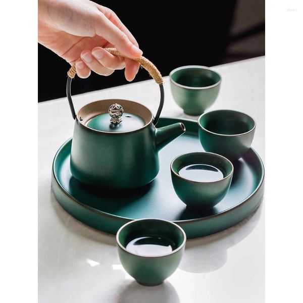 Ensembles de service à thé en poterie pour 4 personnes, boîte à cadeaux pour amis, Style rétro japonais, 1 théière Portable, plateau de tasses, ensemble de théières vertes créatives