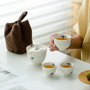 Ensembles de thé Ensemble de thé orchidée papillon peint à la main pur Kit Zen 1 Pot 3 tasses bouilloire de brassage domestique pique-nique en plein air sac fourre-tout artisanat