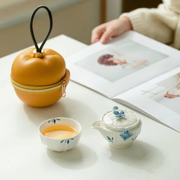 Service à thé en céramique d'orchidée papillon peinte à la main Pure, Pot de Camping en plein air Portable avec tasse, sac de transport créatif tulipe cadeaux