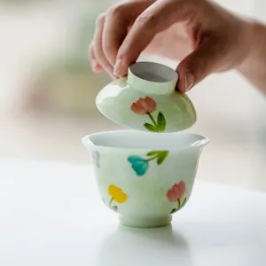 Ensembles de service à thé, ensemble de fleurs peintes à la main, vert, bol à trois couverts, tasse à thé chinoise, infuseur en céramique, tasse unique