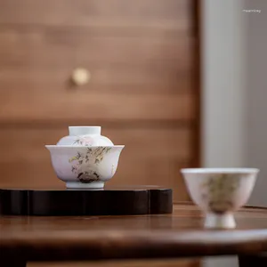 Ensembles de service à thé, bol à couvercle en poudre de pêche peint à la main, tasse à thé, glaçure en céramique peinte, infuseur chinois unique