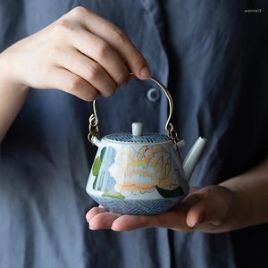 Ensembles de thé Théière de pivoine peinte à la main pure Faisceau de cuivre Service à thé chinois simple avec trou de filtre Machine en céramique