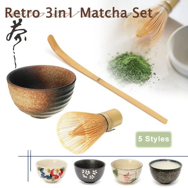 Ensembles de voies de thé Retro 3in1 bambou chasen matcha whisk chashaku scoop bol en céramique maison outils de cuisine accessoires