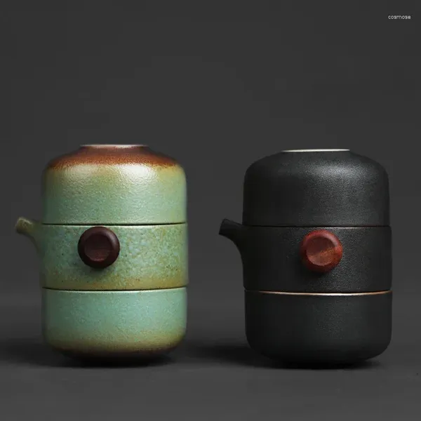 Service à thé rétro four modifié poterie brute, une théière et deux tasses, service à thé de voyage, fait à la main en céramique, machine noire Portable
