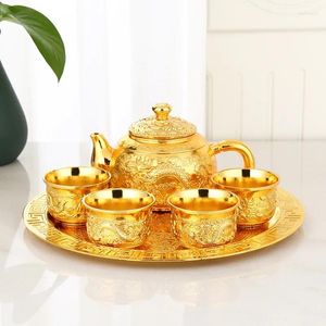 Ensembles de voiles de thé Retro Tea Wine Set européen Golden haut de gamme Golden Small Plein de Dragon et Phoenix Pot Cup