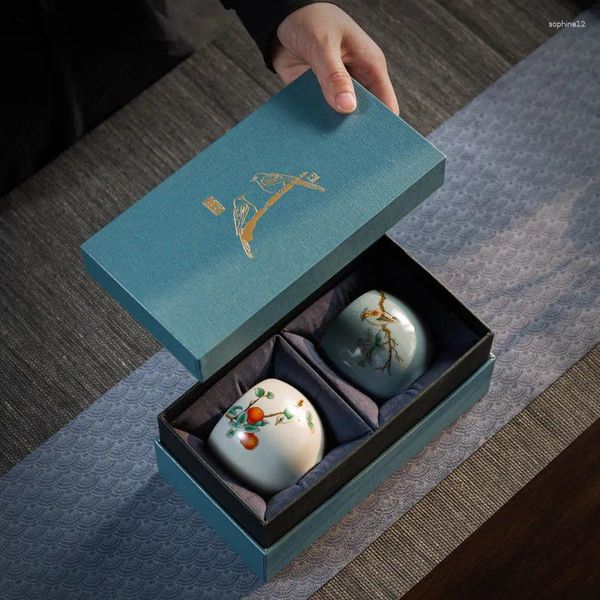 Juegos de utensilios de té Ru Kiln, juego de tazas de té de cerámica, par de tazas pequeñas, caja de regalo principal, chino Vintage