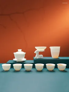 Service à thé en porcelaine blanche de Jade, graisse de mouton, tasse, maison, salon, bureau, réunion pour invités, chine Gaiwan