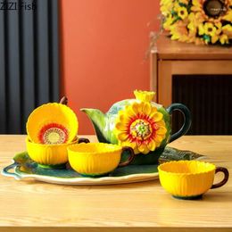 Ensembles de service à thé, ensemble de tasses de tournesol en céramique, Kungfu, maison créative, un Pot, quatre plateaux, tasse, accessoires de cérémonie chinoise, cadeau