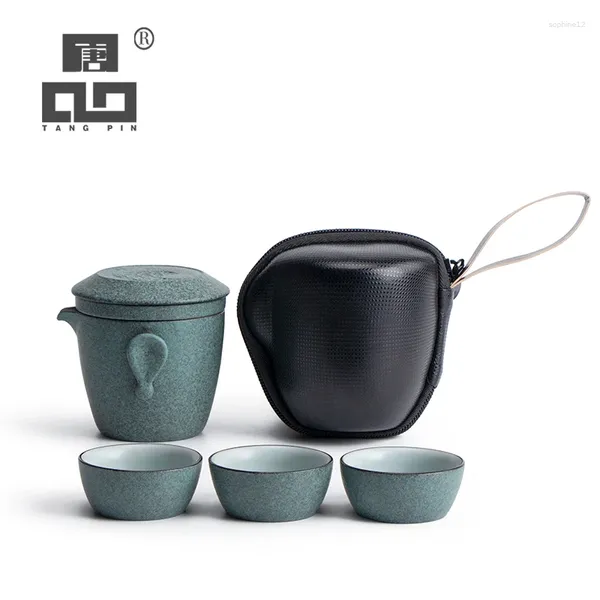 Ensembles de voitures de thé Tangpinceramic Téapot avec 3 tasses Green Portable Travel Tea set Drinkware