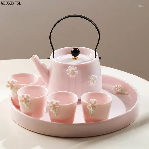 Ensembles de thé ensemble de théière mouton graisse Jade ménage rose faisceau de levage bouilloire fleur théière tasse plateau