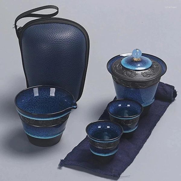 Juego de té Juego de té Glaze azul Cerámico Gaiwán 1 Tetera con 2 tazas de té e diseño exquisito de Infuser para servicios o regalo