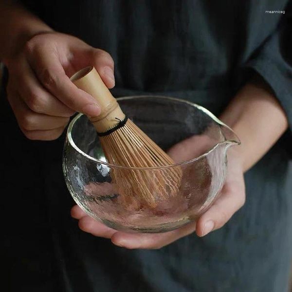 Ensembles de service à thé Bol à matcha en verre texturé avec bec verseur - Cérémonie du thé vert de style japonais fait à la main Chawan 400 ml 13,5 oz grande tasse transparente