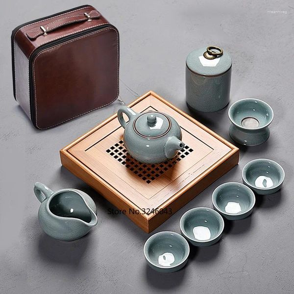 Ensembles de thé service à thé de voyage 9 pièces costume étui de transport ménage Simple petite tasse à thé en céramique japonaise Ruyao Kungfu plateau sec