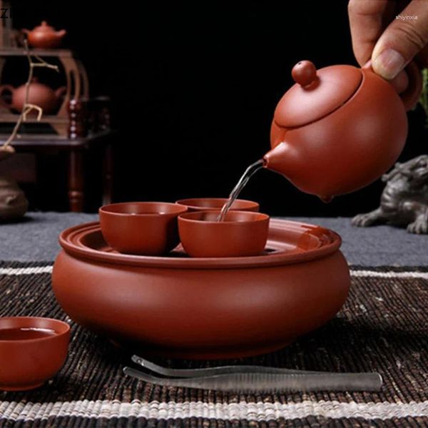Ensembles de voies de thé Ensemble de thé de voyage Sac de rangement rouge portable pourpre de sable violet tasse en pot céramique round ustensiles 7 pièces