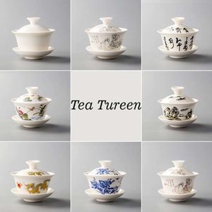Juegos de té Sopera y tazones Cerámica de porcelana blanca Taza de té Gaiwan Juego de kung fu Regalo Oferta especial Tapa de tazón de cerámica Azul y blanco 230901