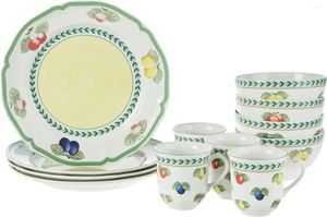 Juegos de té Villeroy Boch French Garden Juego de vajilla de 12 piezas Servicio para 4 platos Tazones Tazas Porcelana Premium Hecho en Alemania