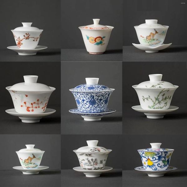 Ensembles de voiles de thé en céramique en céramique bol mouton mouton gras jade thé peint à la main bleu et gaiwan set de la Chine