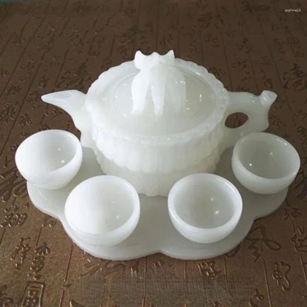 Juegos de té, juego de té con piedra de Jade blanco, tetera, decoración del hogar, olla con bandeja, taza de té de alta gama para la salud, bonita caja de regalo