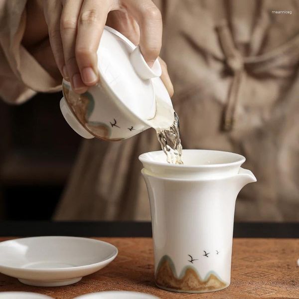 Service à thé en Jade blanc, coffret cadeau de bureau haut de gamme, petit bol avec couvercle en verre et porcelaine