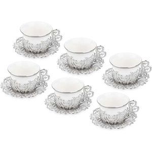 Teaware -sets wit porselein en zinkmetaal met Turkse motieven Coffeeware teaware Turkse koffiekopje Set 6 kopjes en schotels (zilveren) theebar