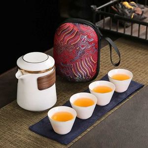 Teaware -sets witte porseleinen theekopjes 1 pot 4 kopje mok thee -ceremonie teepot Chinese draagbare kung fu reistheet thee keramische theekop met tas
