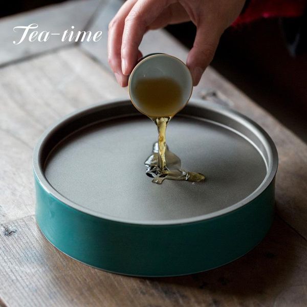 Service à thé support de théière en glaçage vert Turquoise, couvercle en étain, Table de brassage à sec, stockage d'eau en céramique domestique, plateau Gaiwan, cérémonie du thé Kungfu