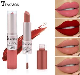 Teayason Lip Gloss 2in1 dubbele kop Langdurige matte bonenpasta kleur lipgloss vloeistof lippenstift make -up lippen voering4635553