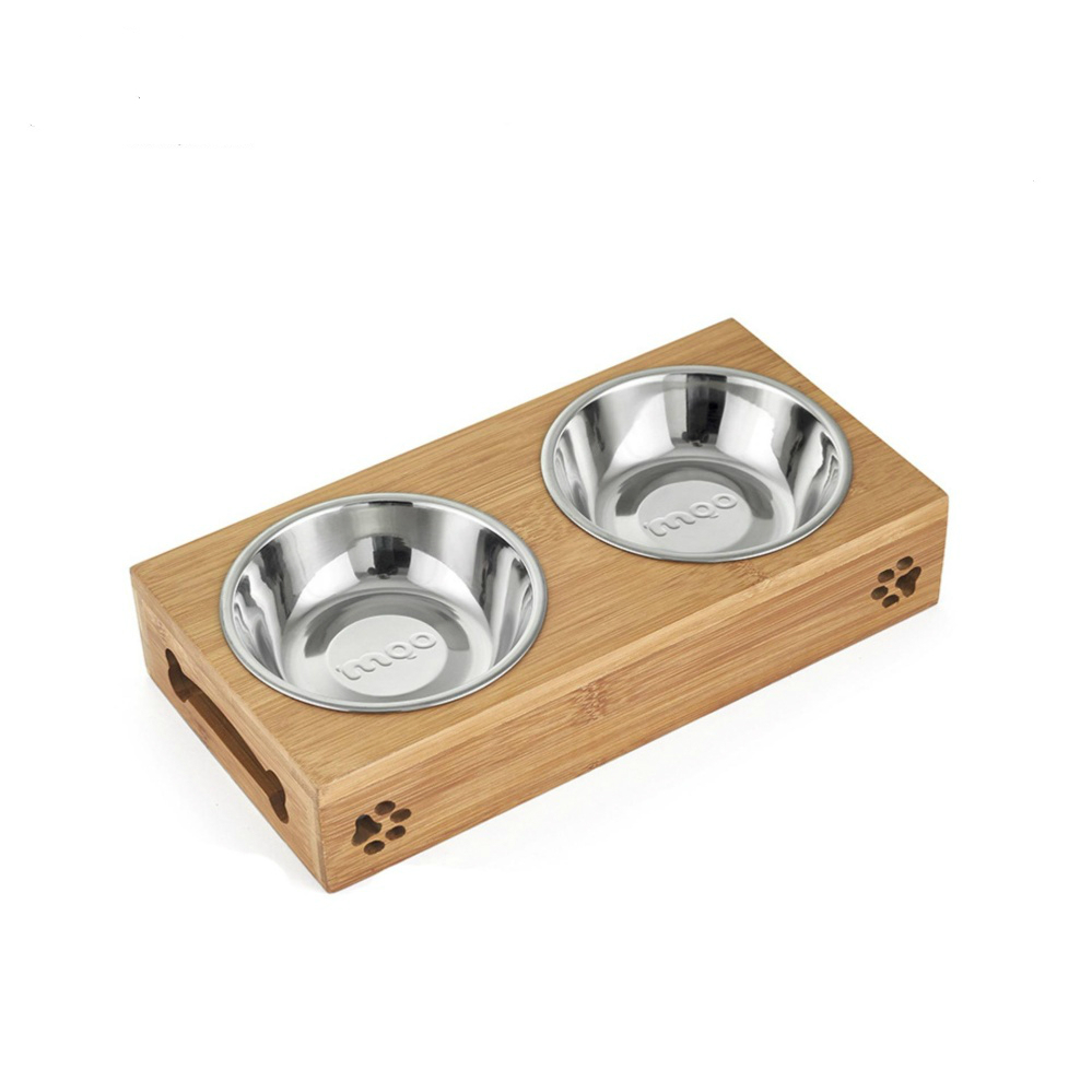 Techome Pet Feeding Set: Stainless Steel/Ceramic Bowls + Bamboo Frame | Dogs Cats