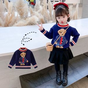 Uniforme de pull de style scolaire imprimé ours en peluche pour bébés filles, tricot d'hiver à col rond, vêtements d'extérieur pour enfants