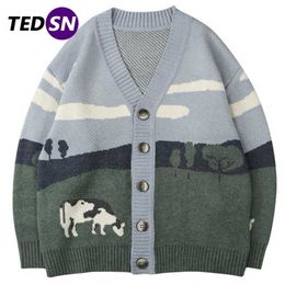 Tedsn Oversize Streetwear losse vest trui mannen vrouwen hiphop gebreide trui mannelijke koe patroon harajuku mode jas 2111109
