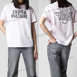 Camiseta 23SS Zadig Voltaire Camiseta de algodón de diseñador para mujer Nuevas camisetas Zadigs Camiseta clásica con estampado de letras en la parte delantera y trasera Fuente rayada Camiseta de manga corta Camisetas de playa Tops de moda