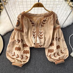 Teelynn Boho Cotton Floral Broidered Blouses Tassel Long Lantern Sleeve Loose Casual Hippie Women Tops Blouse and Shirt T200321