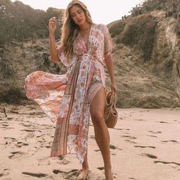 Teelynn Floral Print Smock Roule Bikini de natation Couvre les femmes Vintage Beach Boho Oversize Summer Long Robe Murffon Robe Vestidos 240423