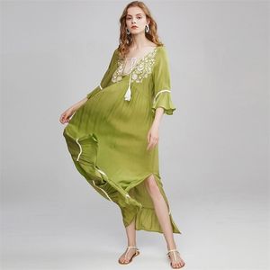 TEELYNN vert tunique robes femmes vestidos vintage broderie florale col en v manches évasées gland robe d'été plage maxi robes 210309