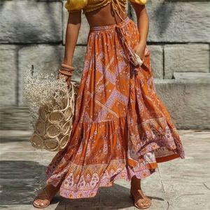 TEELYNN Maxi jupe coton orange imprimé floral fendu sexy jupes d'été vintage plage vêtements décontractés bohème longues femmes jupes 210309