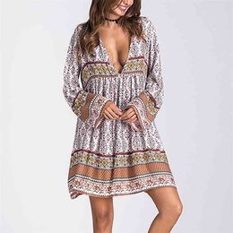 TEELYNN Mini women dress boho vintage long sleeve Dress Lioness rayon floral print Autumn Dresses beach Casual Dresses 201025